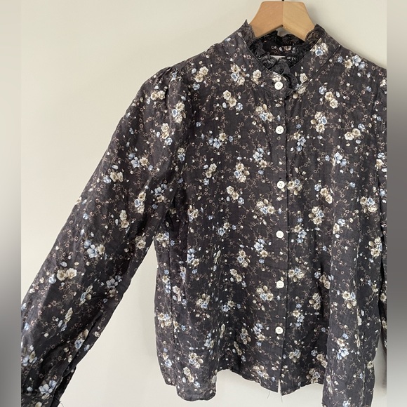 Persons cottage core floral lace detail button down shirt blouse - Picture 5 of 11